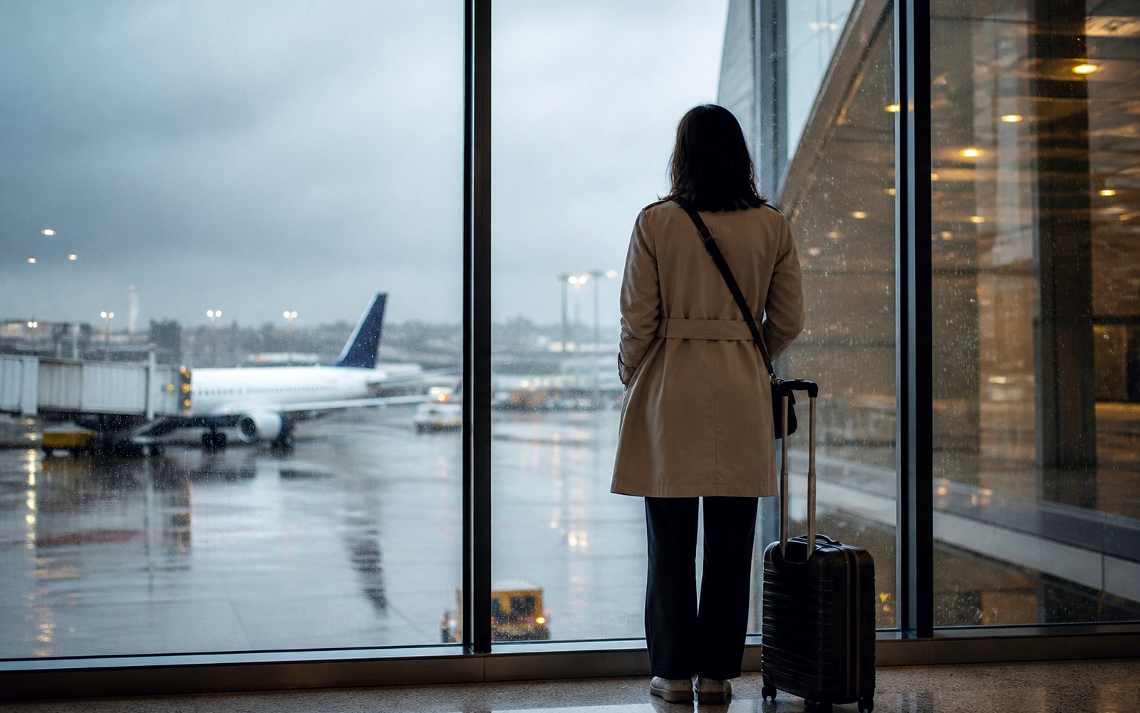 A traveller at a terminal window, luggage beside her, a wet apron outside