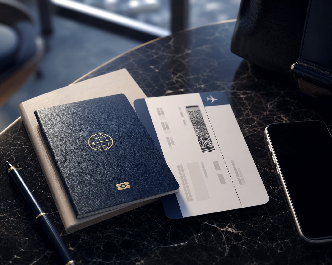A passport, a boarding pass, a phone and a pen on a dark desk