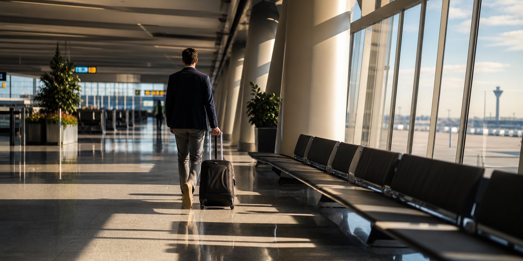A traveller walking through a sunlit terminal concourse toward the gates